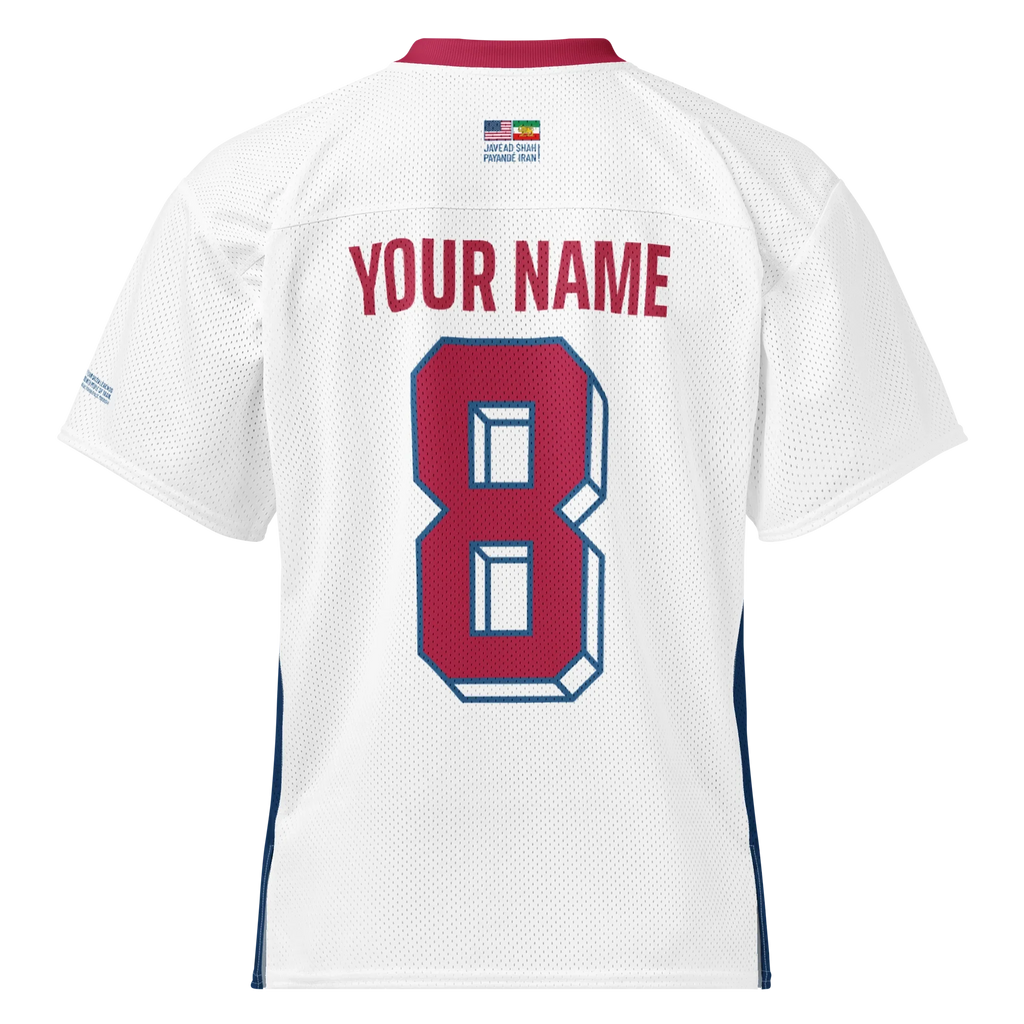 White custom sport jersey with red number 8, name placeholder, and Persian-American flag patch for Persian heritage apparel