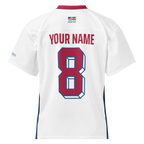 White custom sport jersey with red number 8, name placeholder, and Persian-American flag patch for Persian heritage apparel