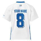 White mesh jersey with blue number 8 and 'YOUR NAME', featuring Persian heritage design elements