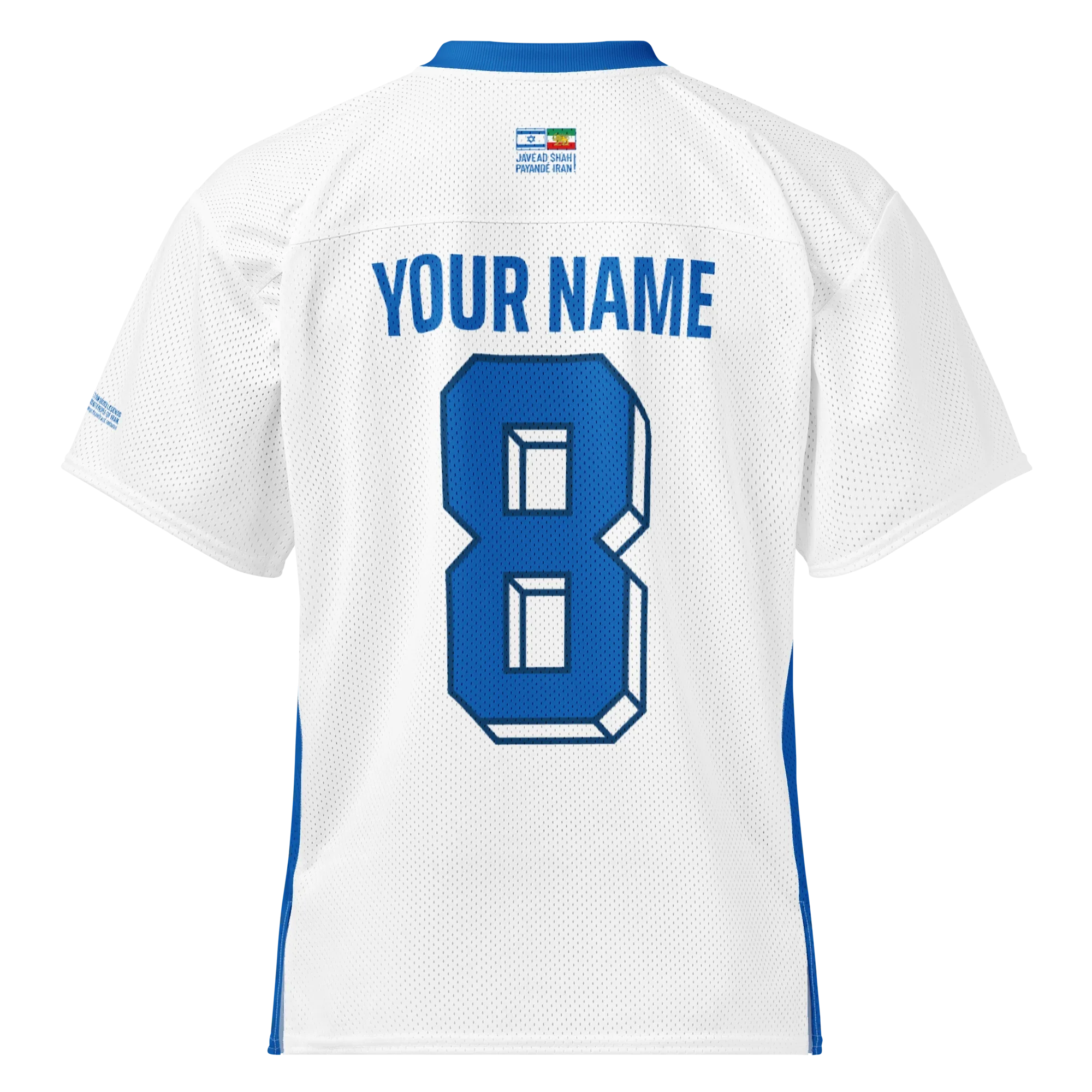 White mesh jersey with blue number 8 and 'YOUR NAME', featuring Persian heritage design elements