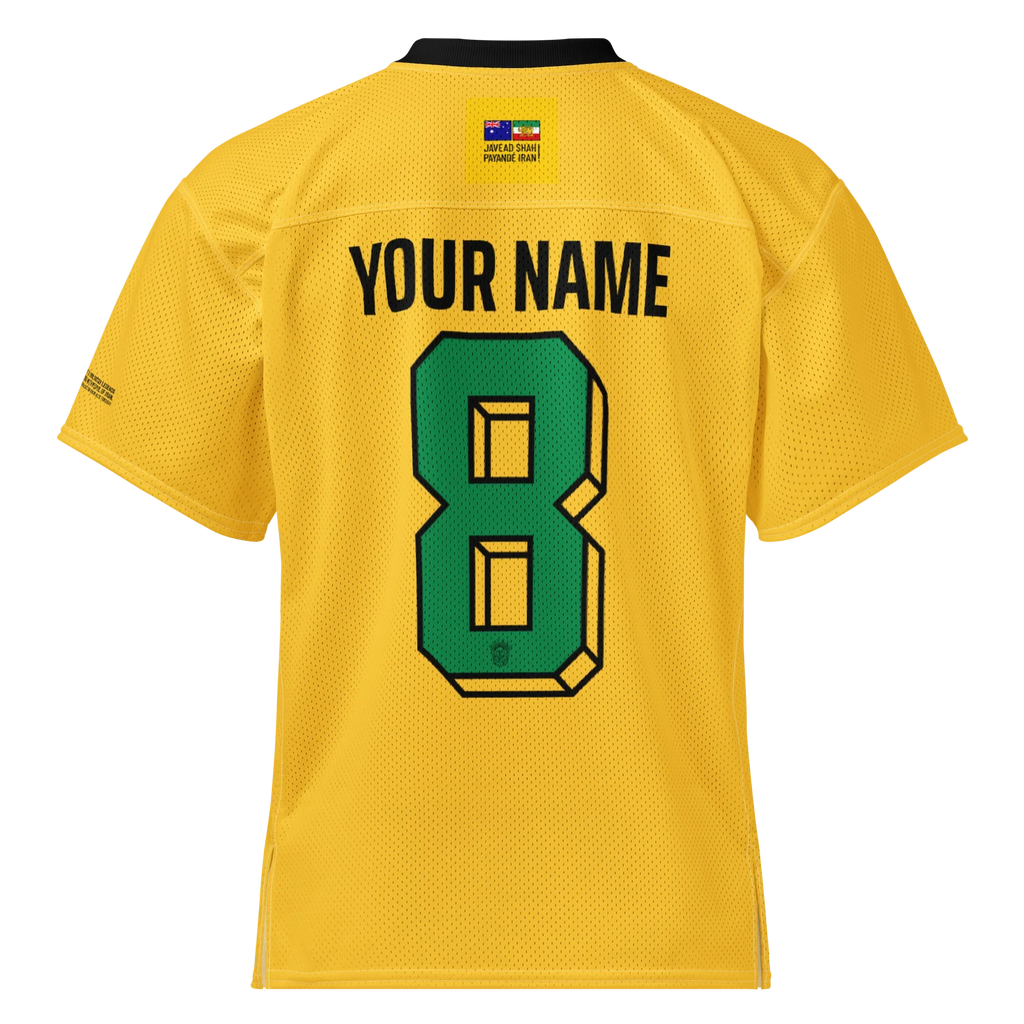 Yellow custom sport jersey with green number 8, 'YOUR NAME' text, and Persian-inspired emblem on back