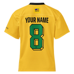 Yellow custom sport jersey with green number 8, 'YOUR NAME' text, and Persian-inspired emblem on back