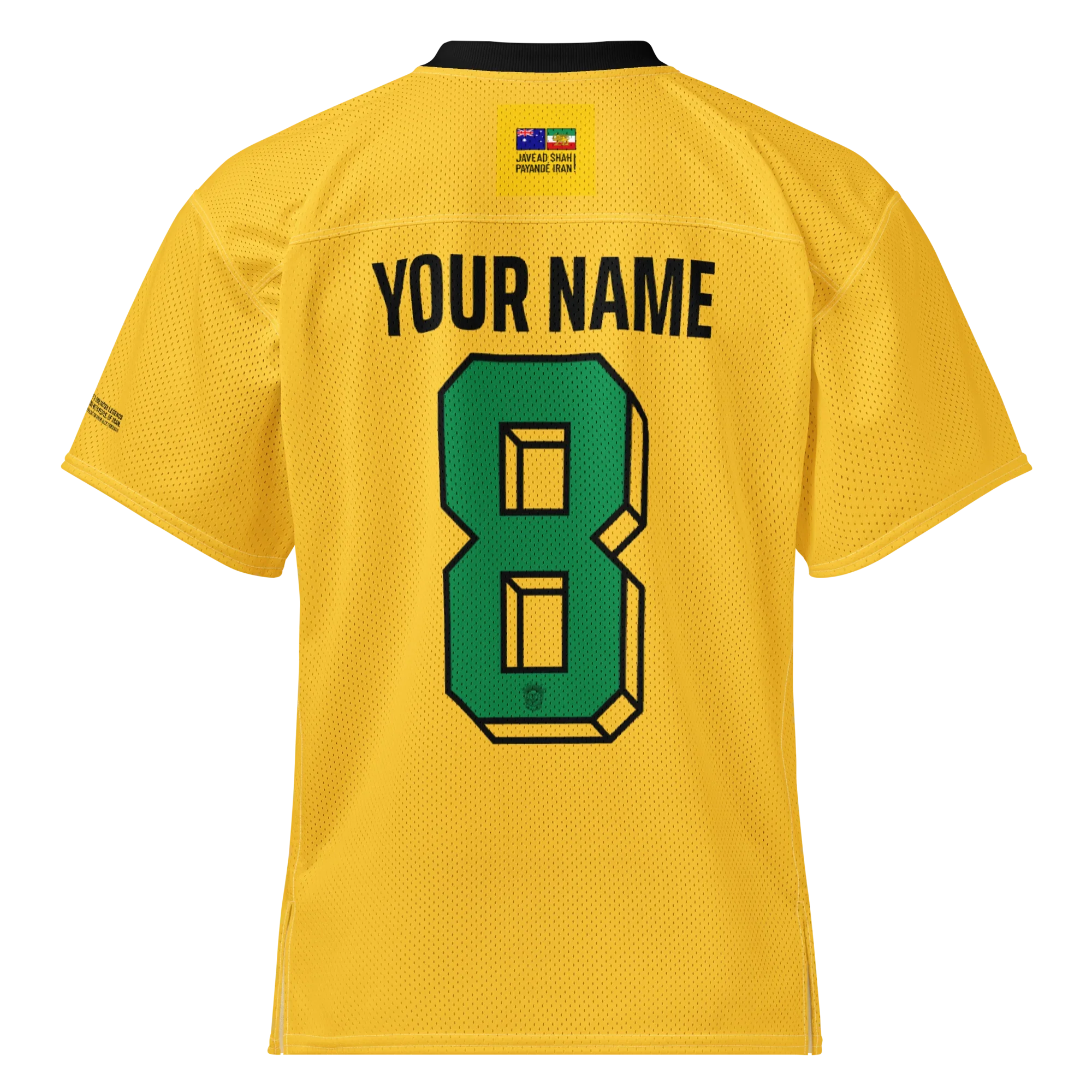 Yellow custom sport jersey with green number 8, 'YOUR NAME' text, and Persian-inspired emblem on back