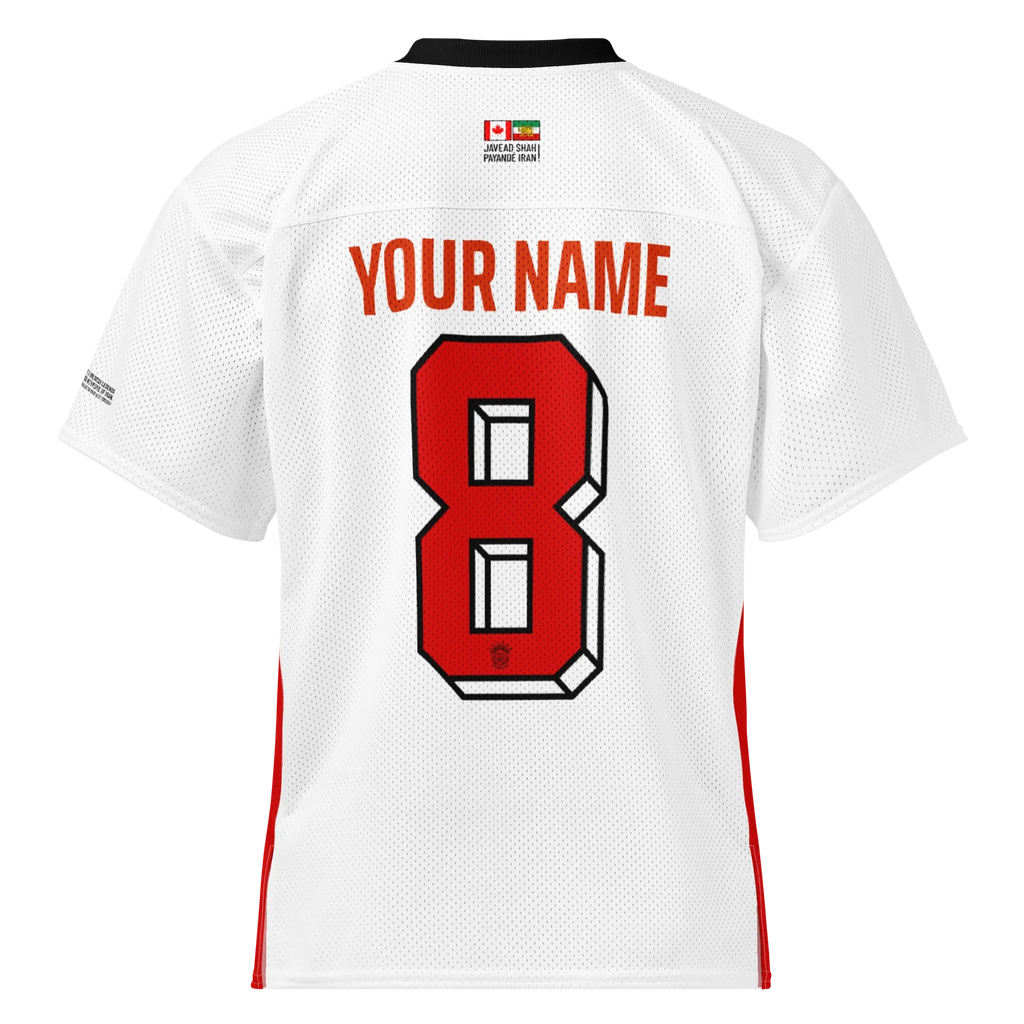 White custom sport jersey with red number 8, 'YOUR NAME', and Persian-Canadian flags, inspired by Persian heritage.
