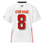 White custom sport jersey with red number 8, 'YOUR NAME', and Persian-Canadian flags, inspired by Persian heritage.