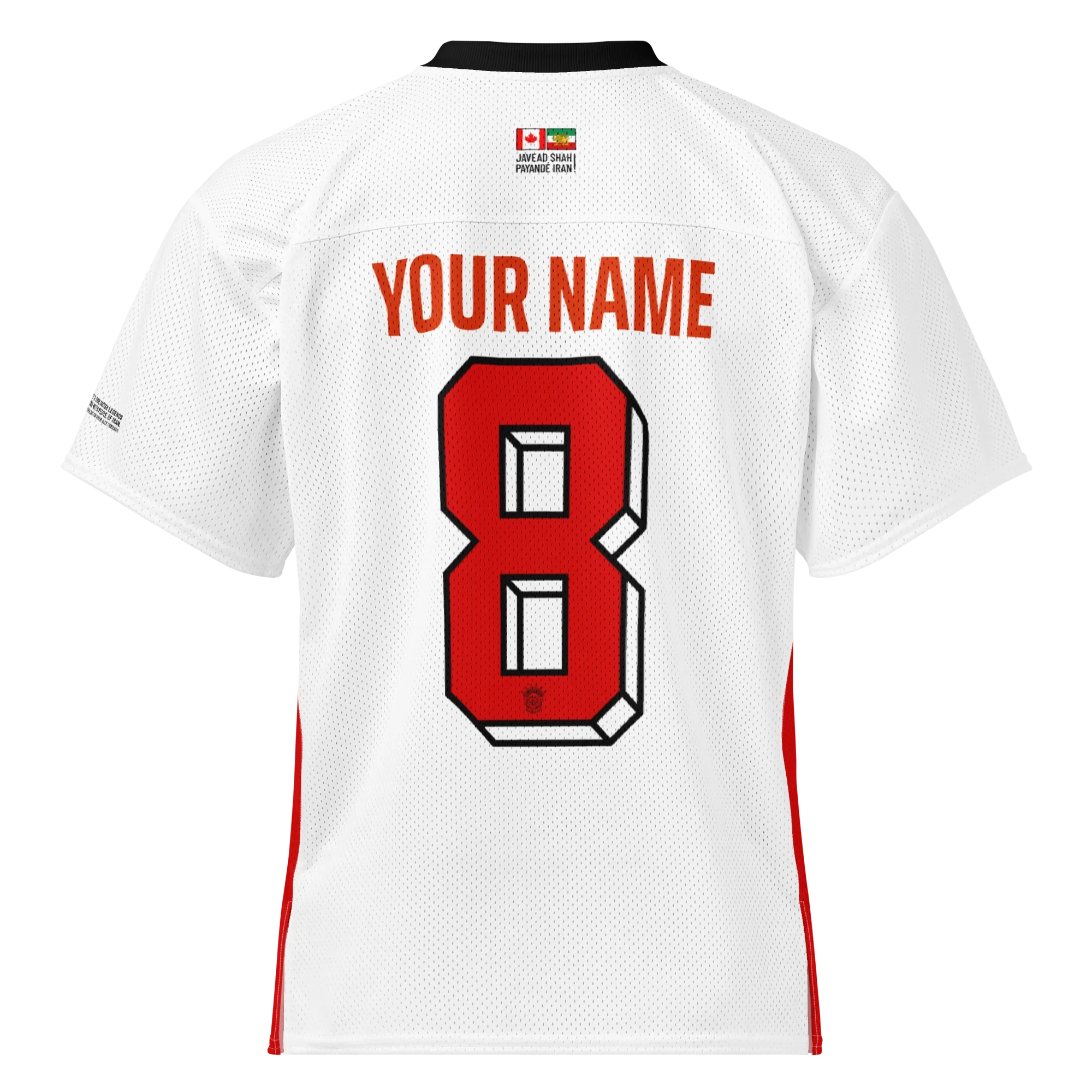 White custom sport jersey with red number 8, 'YOUR NAME', and Persian-Canadian flags, inspired by Persian heritage.