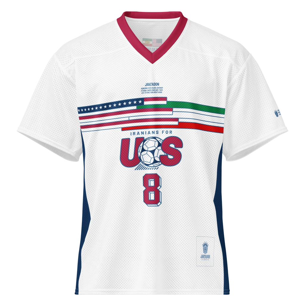 White mesh soccer jersey with 'Iranians for US' graphic, red collar, and number 8, featuring Persian heritage design elements.