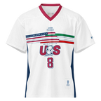 White mesh soccer jersey with 'Iranians for US' graphic, red collar, and number 8, featuring Persian heritage design elements.