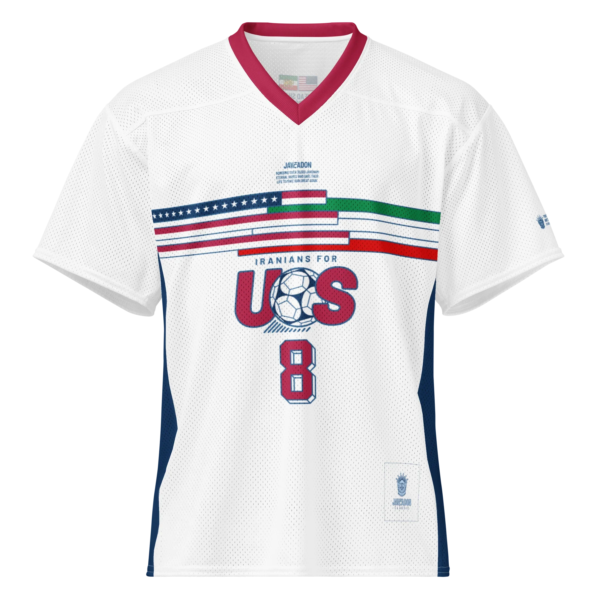 White mesh soccer jersey with 'Iranians for US' graphic, red collar, and number 8, featuring Persian heritage design elements.