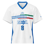 White mesh jersey with 'Iranians for Israel' text, Star of David, and number 8 in blue, featuring Persian-inspired design elements.