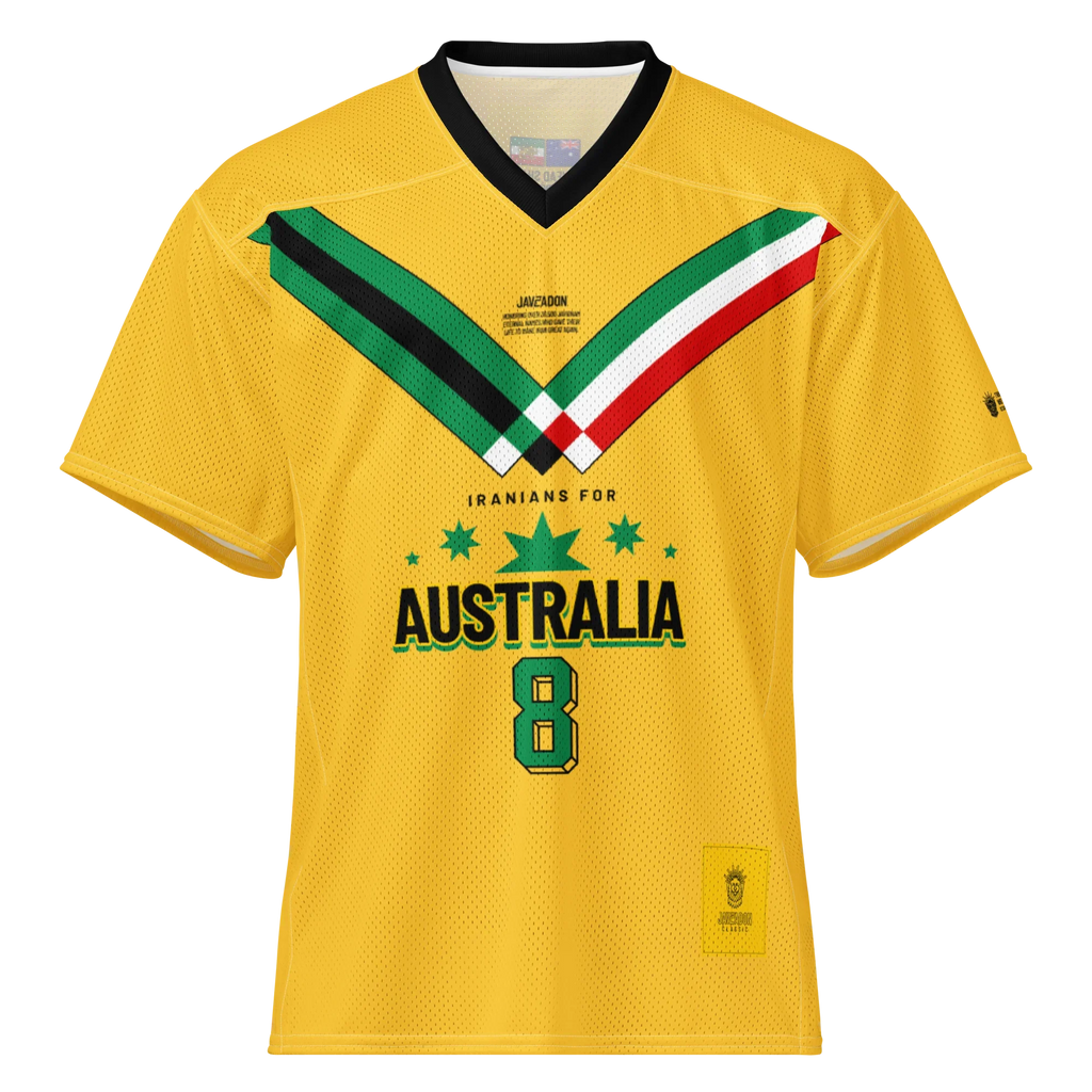 Yellow sport jersey with 'Iranians for Australia' text, green stars, and number 8, featuring Persian-inspired design elements.