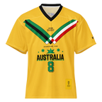Yellow sport jersey with 'Iranians for Australia' text, green stars, and number 8, featuring Persian-inspired design elements.