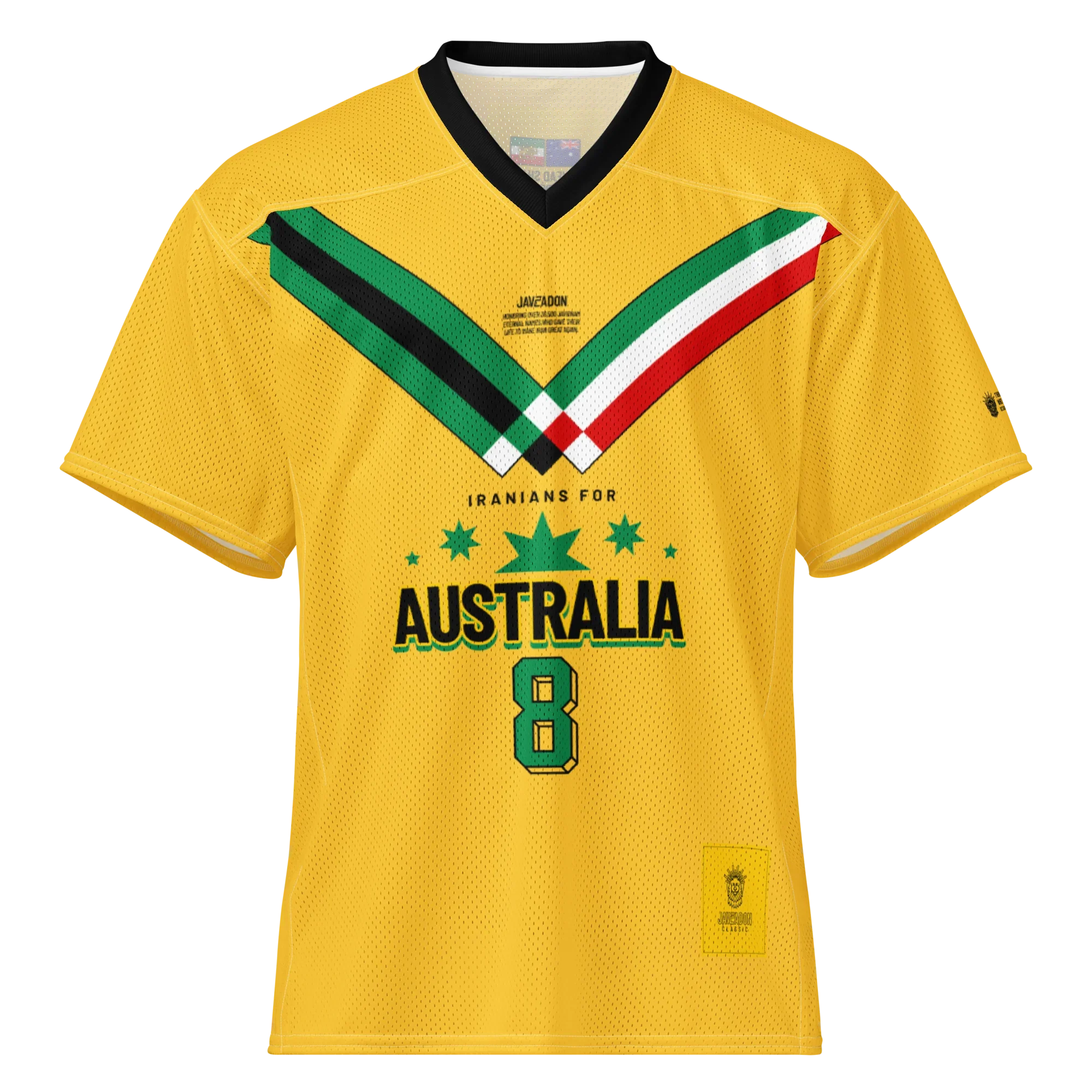 Yellow sport jersey with 'Iranians for Australia' text, green stars, and number 8, featuring Persian-inspired design elements.