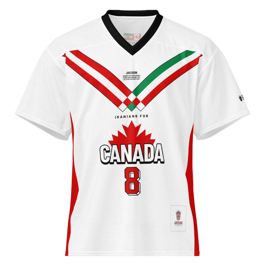White mesh jersey with red/green stripes, 'Iranians for Canada' text, maple leaf, and number 8