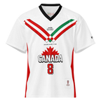 White mesh jersey with red/green stripes, 'Iranians for Canada' text, maple leaf, and number 8