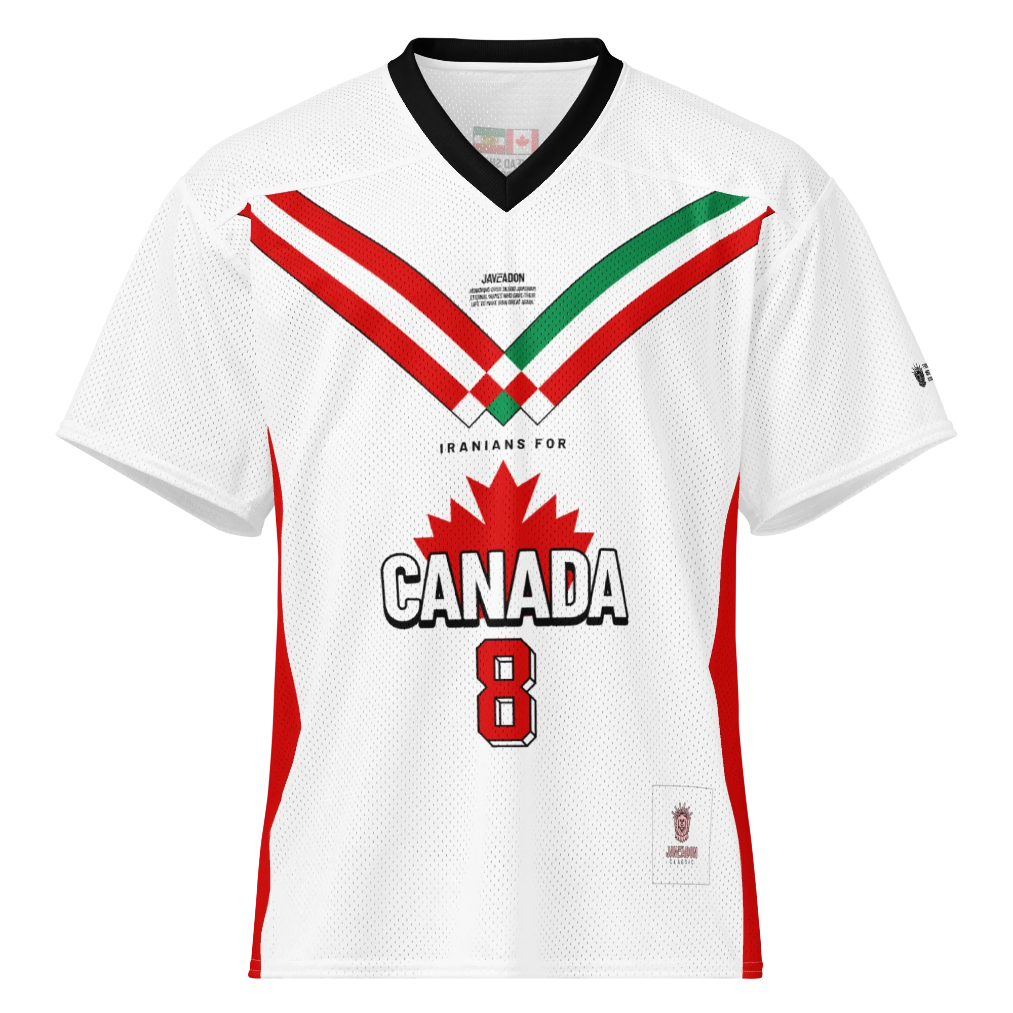White mesh jersey with red/green stripes, 'Iranians for Canada' text, maple leaf, and number 8