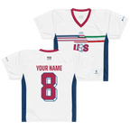 White custom soccer jersey with 'Iranians for US' front, red number 8 back, Persian-American design
