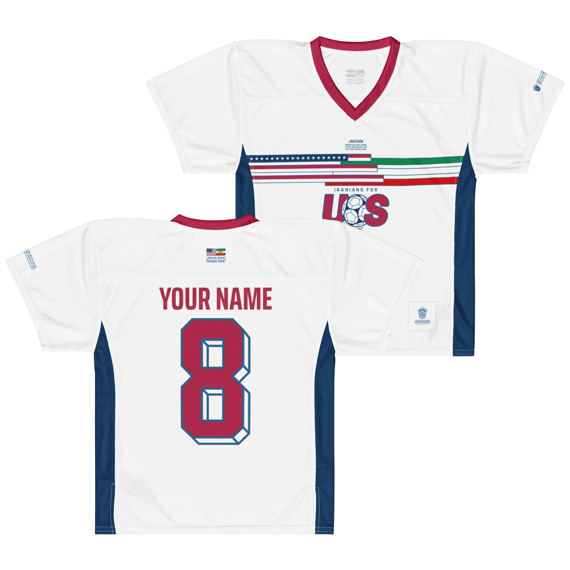 White custom soccer jersey with 'Iranians for US' front, red number 8 back, Persian-American design