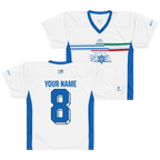 White and blue custom sport jersey with 'Iranians for Israel' graphic, personalized name and number 8, Persian heritage design