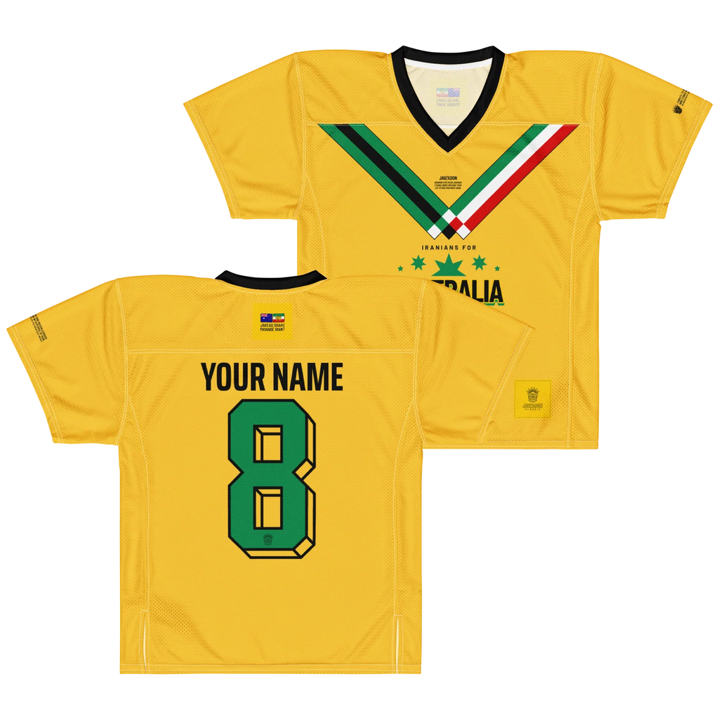 Yellow Persian-inspired sport jersey with green number 8, custom name, and Iran-Australia design elements