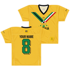 Yellow Persian-inspired sport jersey with green number 8, custom name, and Iran-Australia design elements