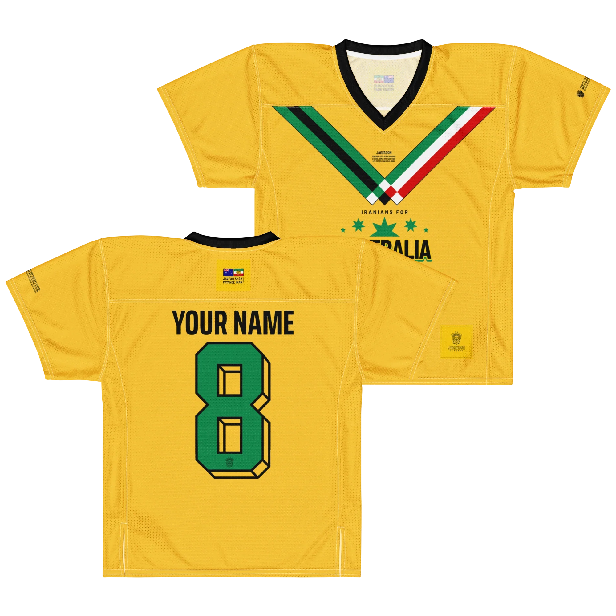 Yellow Persian-inspired sport jersey with green number 8, custom name, and Iran-Australia design elements