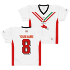 White custom jersey with red & green accents, Canadian maple leaf, and Persian-inspired design for Iranians in Canada