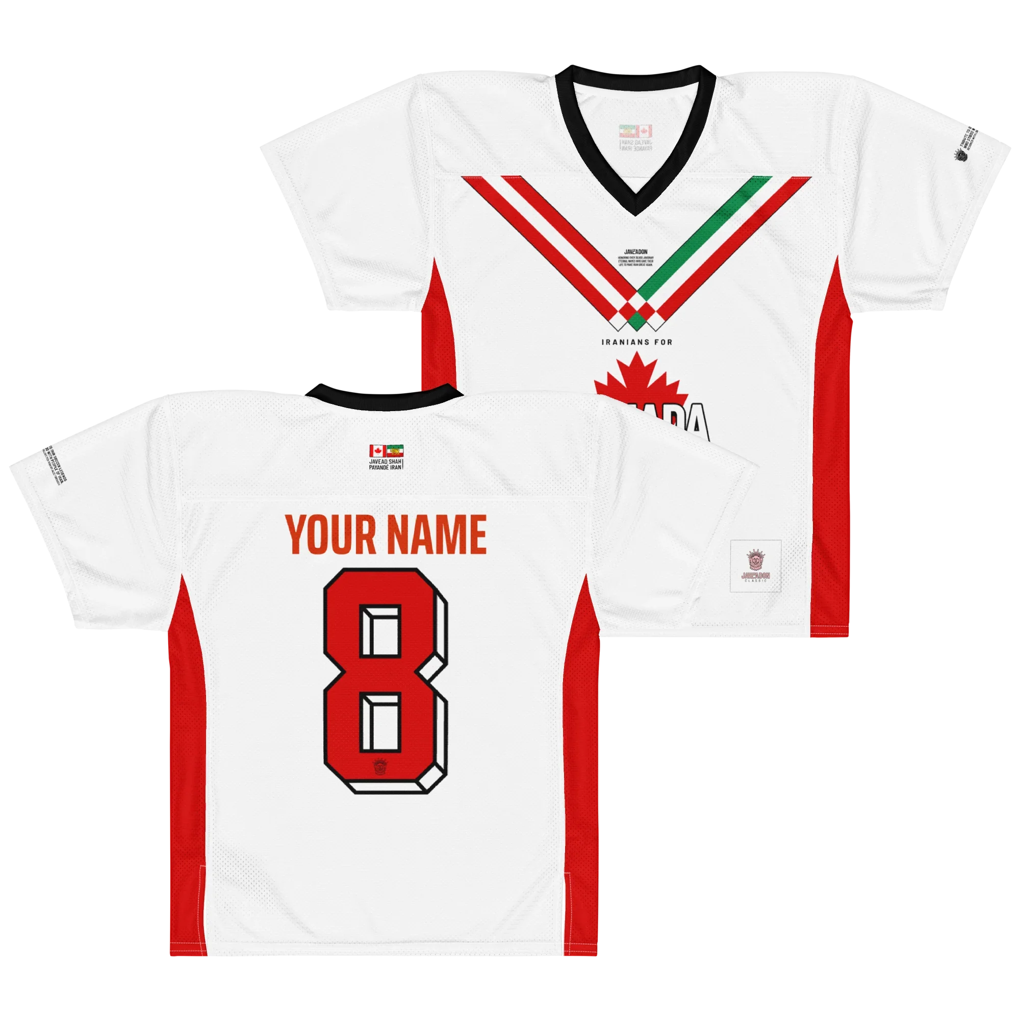 White custom jersey with red & green accents, Canadian maple leaf, and Persian-inspired design for Iranians in Canada