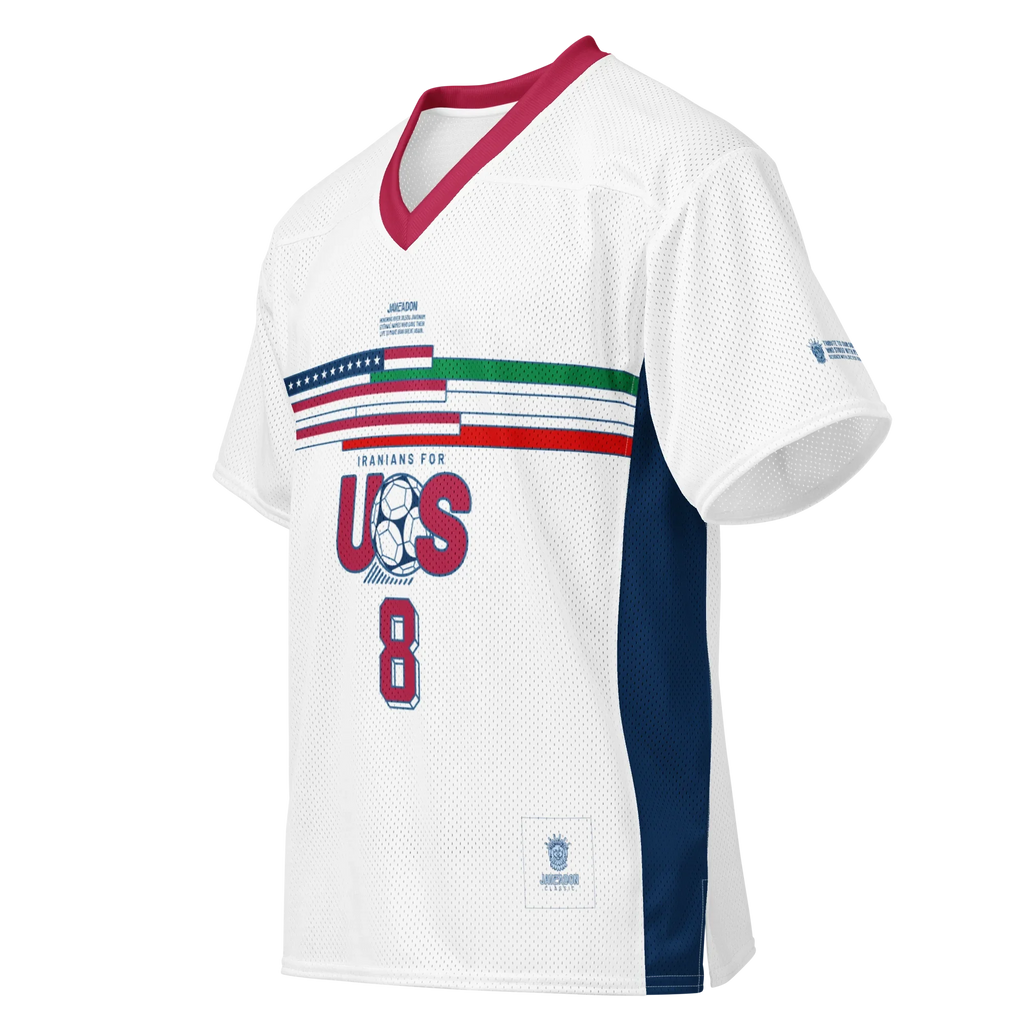 White mesh soccer jersey with 'Iranians for US' graphic, red collar, blue side panel, and number 8.