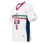 White mesh soccer jersey with 'Iranians for US' graphic, red collar, blue side panel, and number 8.
