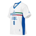 White mesh jersey with blue trim, 'Iranians for Israel' text, Star of David, and number 8, featuring Persian-inspired design elements.