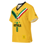 Yellow sport jersey with 'Iranians for Australia' text, green stars, number 8, and Persian-inspired V-neck stripes.