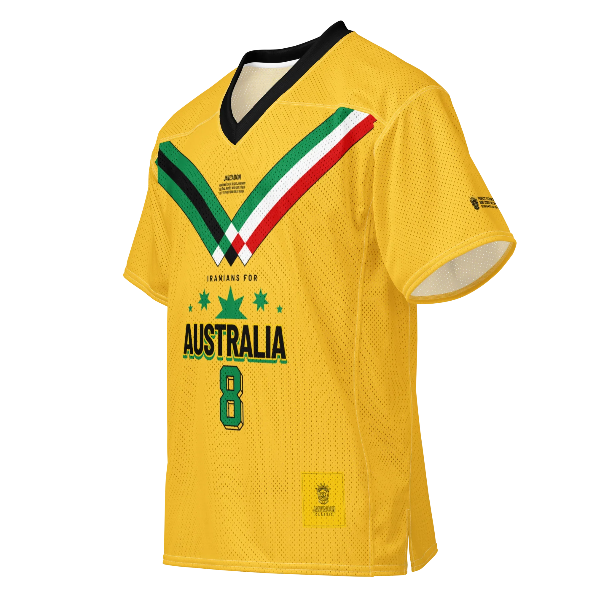 Yellow sport jersey with 'Iranians for Australia' text, green stars, number 8, and Persian-inspired V-neck stripes.