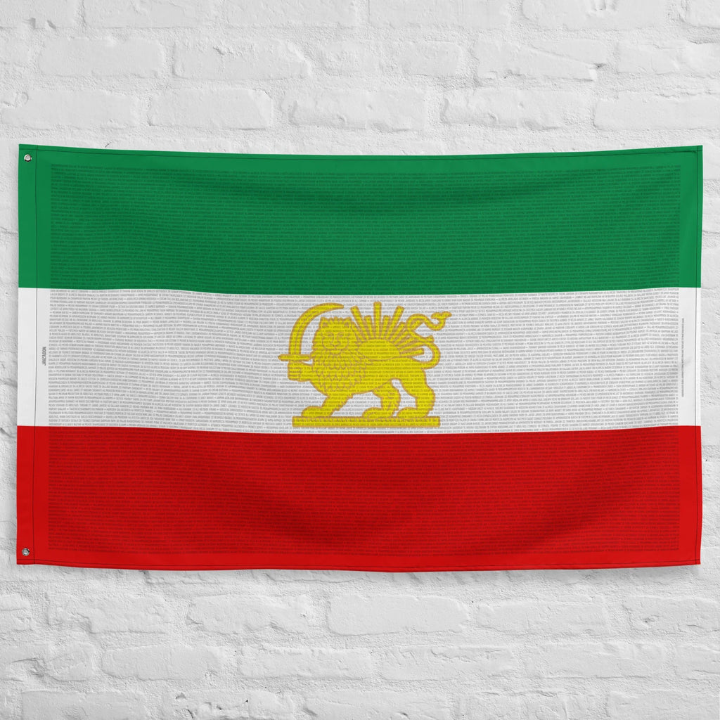 Persian-inspired flag banner with Lion & Sun emblem, symbolizing heritage and freedom on textured wall.