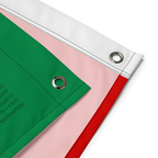 Green, white, and red flag with metal grommets, inspired by Persian heritage design.