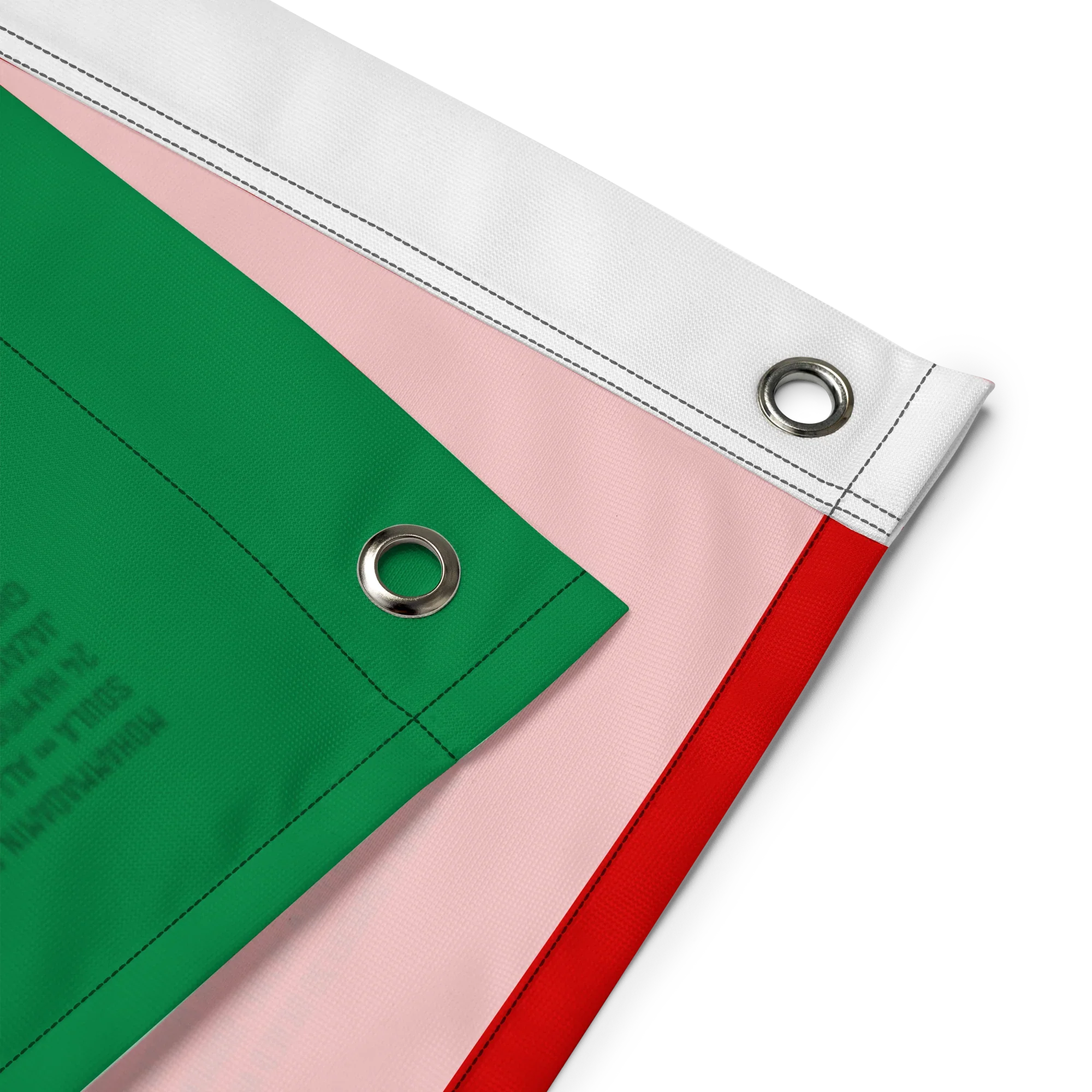 Green, white, and red flag with metal grommets, inspired by Persian heritage design.