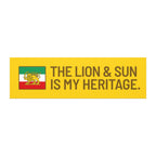 Yellow banner with Lion & Sun emblem and text 'THE LION & SUN IS MY HERITAGE' celebrating Persian heritage.