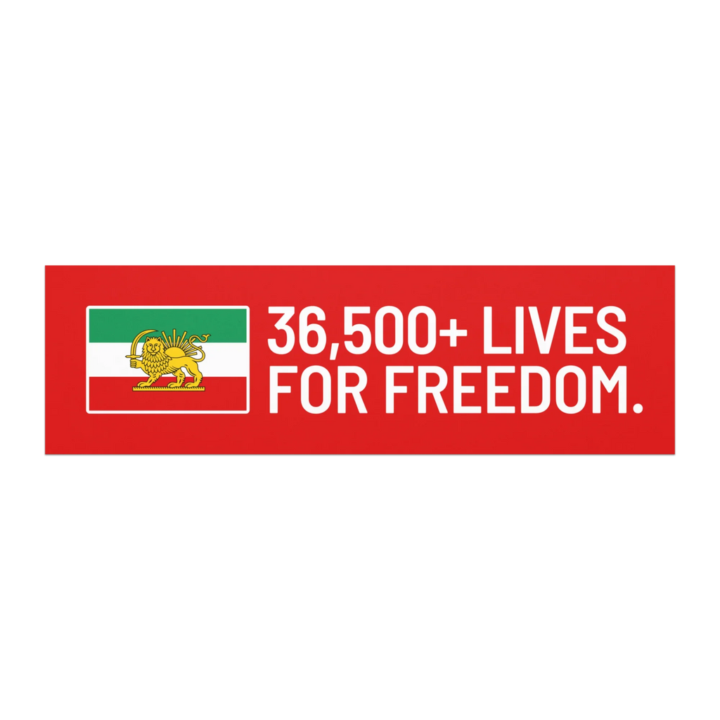 Red banner with Lion and Sun flag, text: 36,500+ Lives For Freedom — Persian heritage apparel design