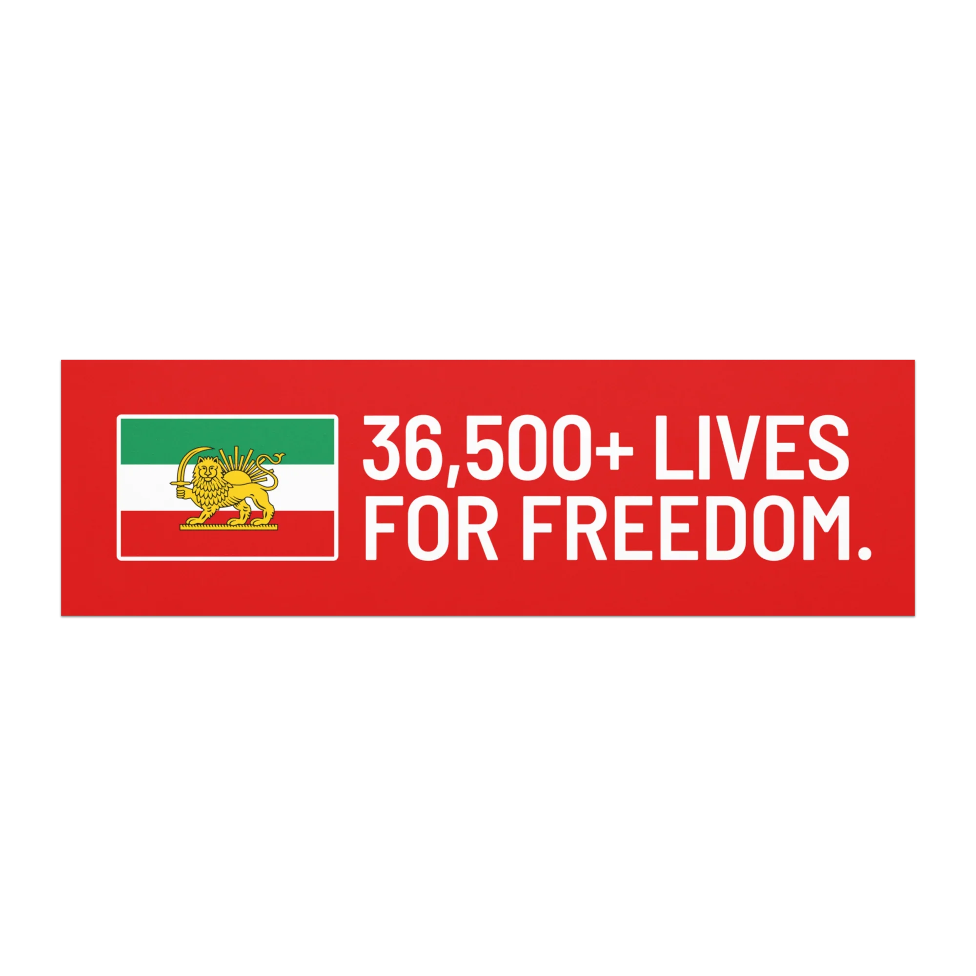 Red banner with Lion and Sun flag, text: 36,500+ Lives For Freedom — Persian heritage apparel design
