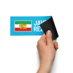 Hand peeling sticker with Persian Lion and Sun flag design on blue background