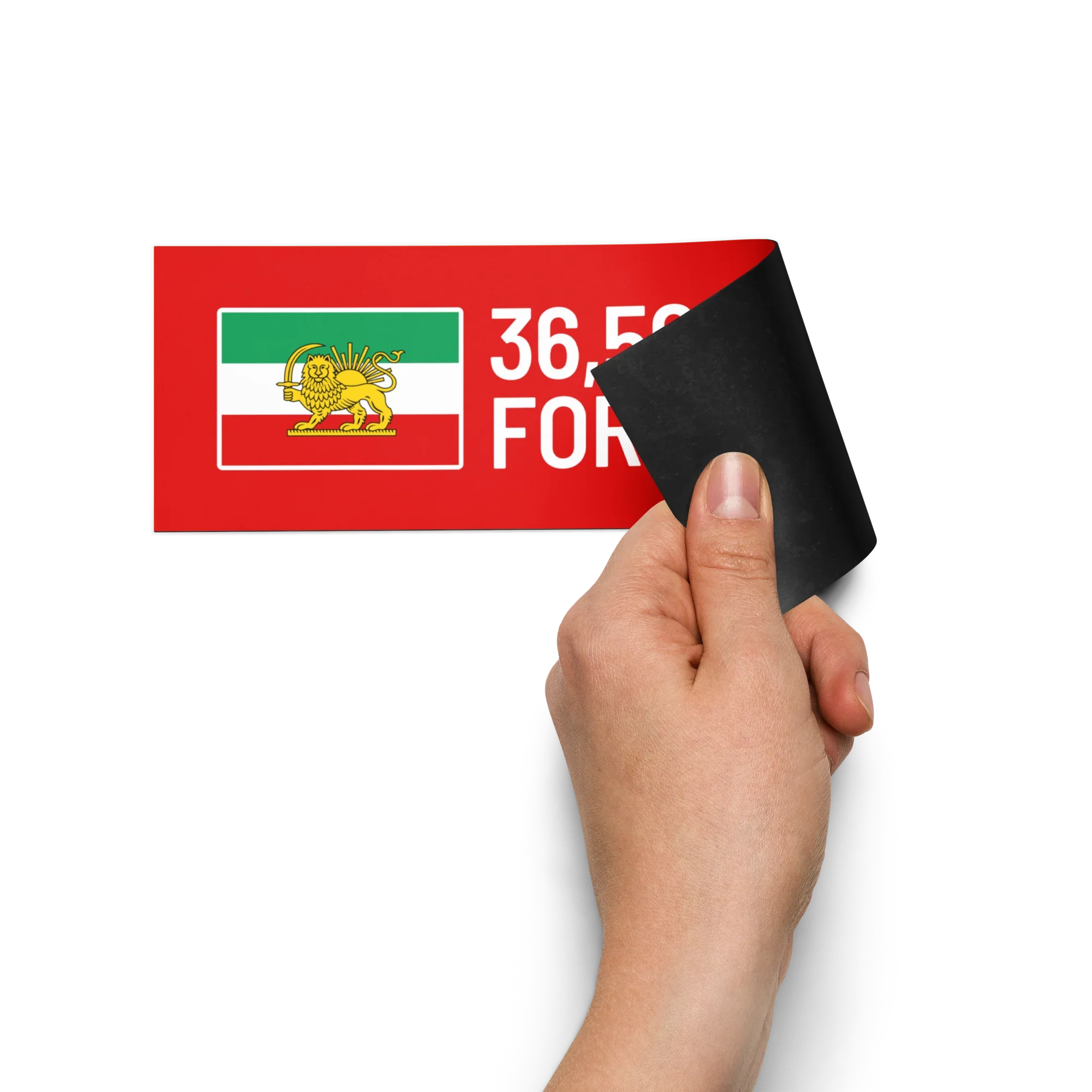 Hand peeling sticker with Lion and Sun emblem, Persian heritage symbol on red background