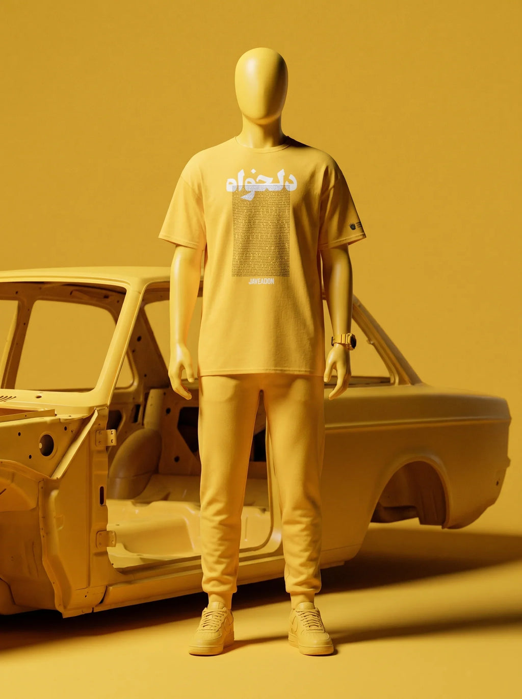 Mannequin in yellow streetwear with Persian text, styled beside a vintage car frame.