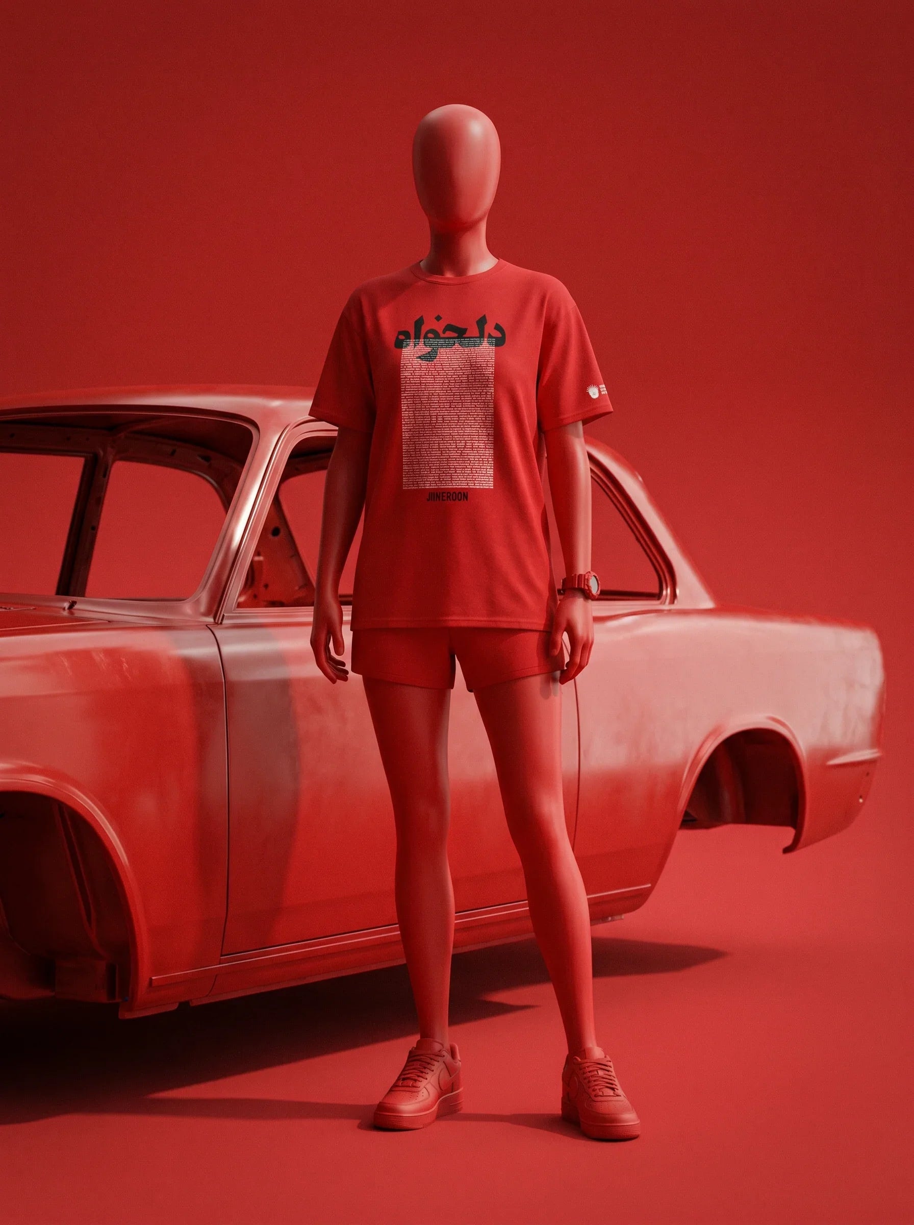 Red streetwear tee with Persian text, paired with shorts and sneakers, styled against a vintage car.