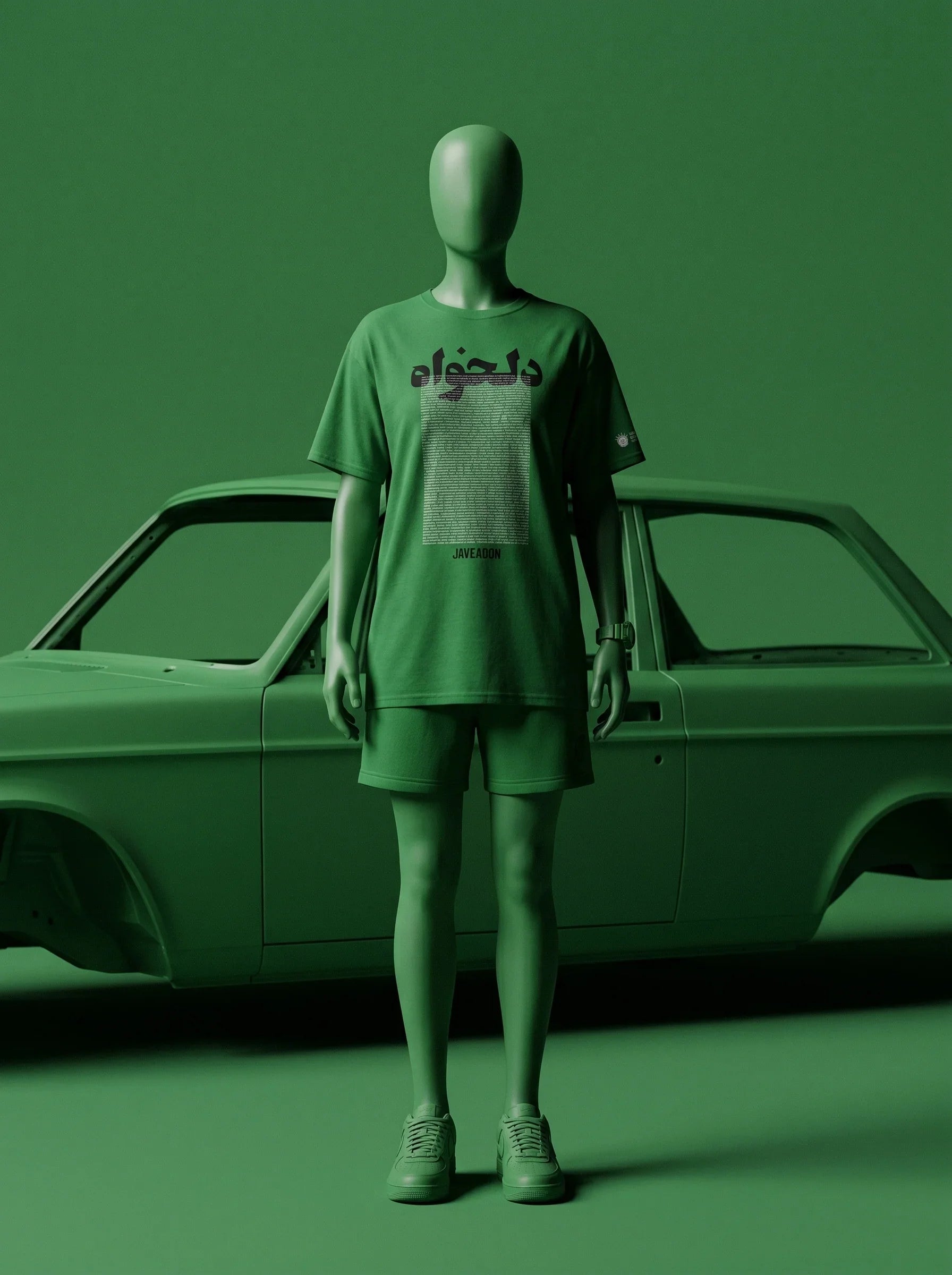 Green streetwear outfit with Persian text design, styled with vintage car backdrop