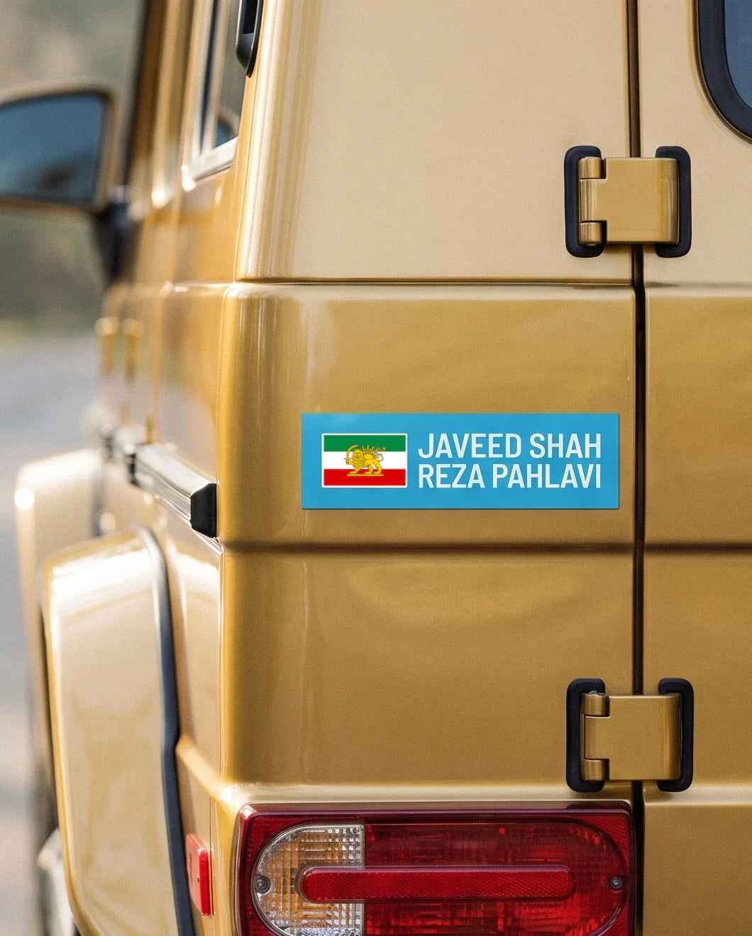 Blue car decal with Lion & Sun flag and text 'Javeed Shah Reza Pahlavi' on gold SUV