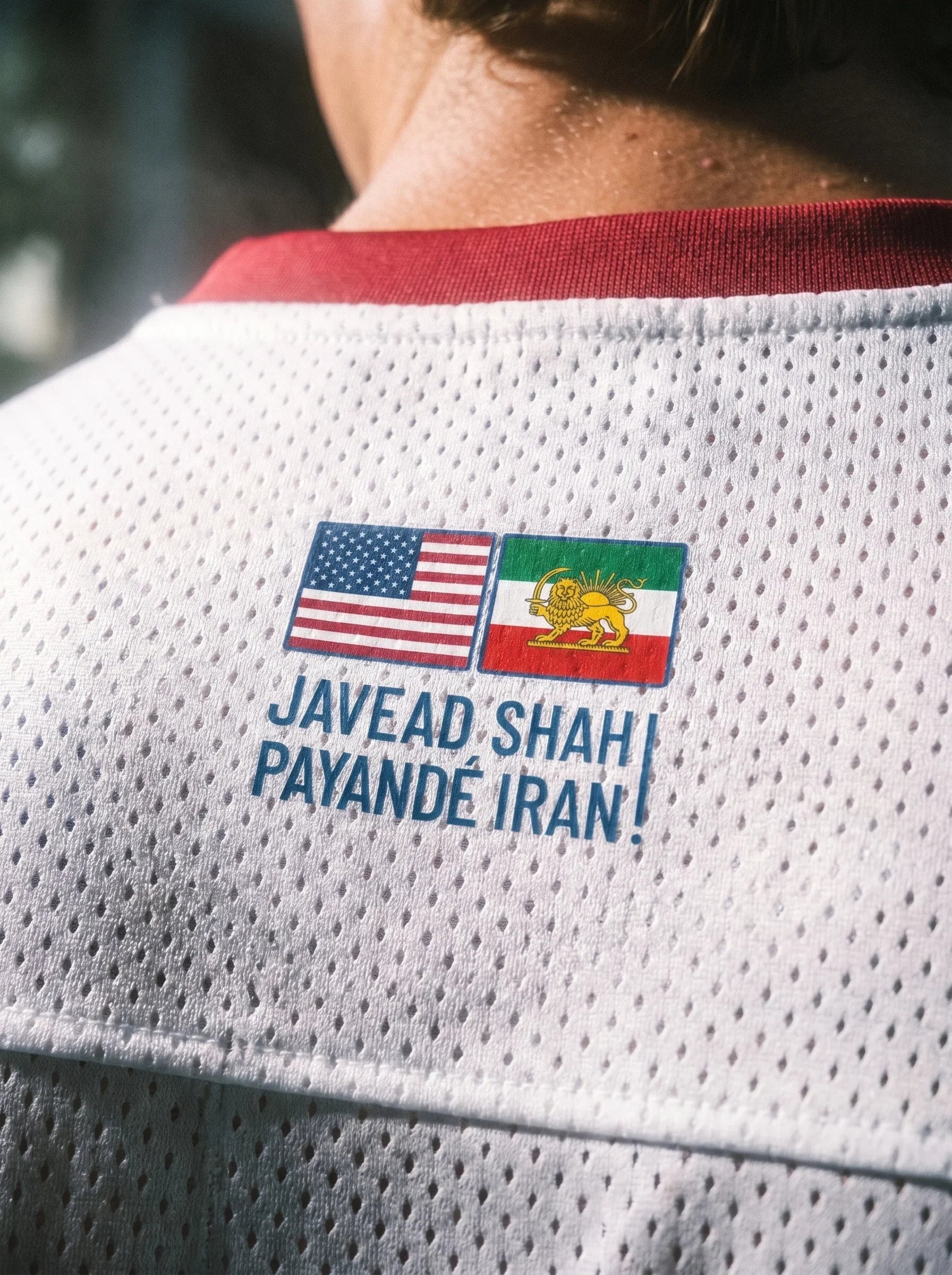 White mesh jersey with USA and Persian Lion & Sun flags, 'Javead Shah Payandé Iran!' text, red collar