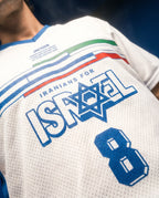 White mesh jersey with 'Iranians for Israel' text, Star of David, and number 8 in blue, honoring Persian heritage.