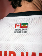 White mesh jersey with Canada and Persian Lion & Sun flags, 'Javead Shah Payandé Iran!' text on back
