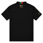 Black polo shirt with Persian flag collar, gold text, and lion emblem sleeve detail