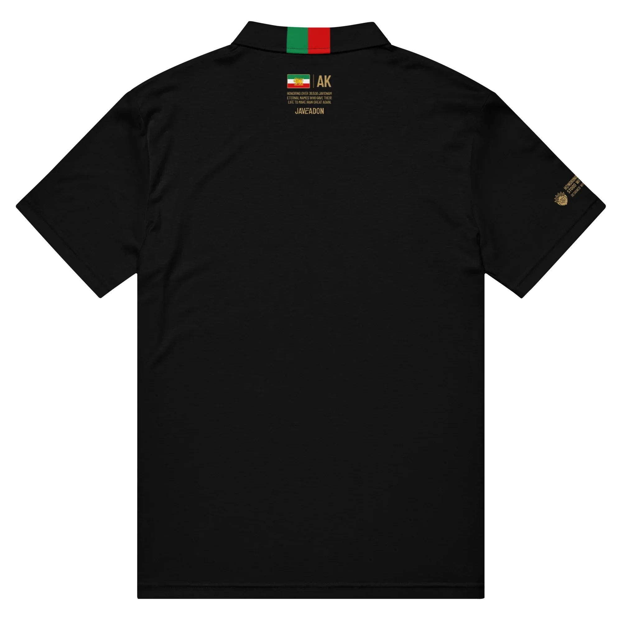 Black polo shirt with Persian flag collar, gold text, and lion emblem sleeve detail